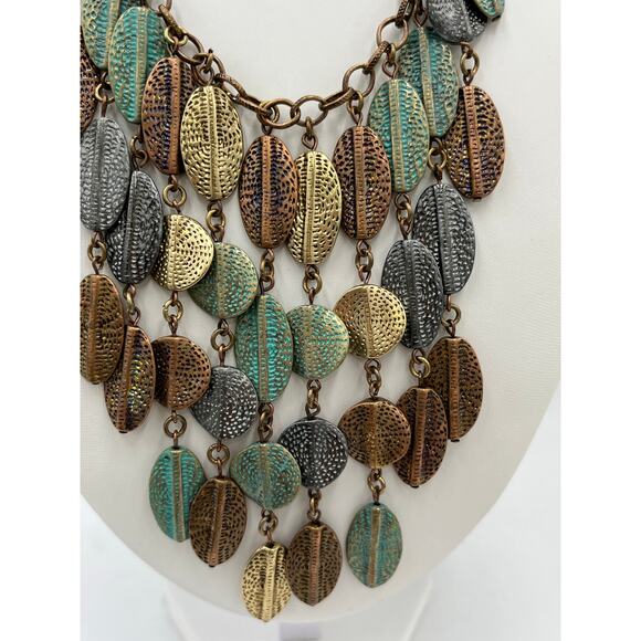 St. Thomas Vintage Mixed Metal Bronze and Green Cascading Leaves Bib Necklace - Picture 2 of 7